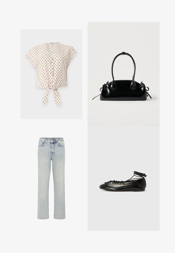 Beigen värinen lyhythihainen paita mustilla pilkuilla, edessä napit, V-pääntie ja solmittu solmuvyö helmassa.; My Essential Wardrobe WIDE 05 THE LOUIS 139 - Relaxed fit -farkut - light blue dirty wash; Musta kiiltäväpäällysteiset balettitossut, joissa pyöreä kärki, nauhallinen malli ja litteä pohja. Sileä pinta, jossa vähän yksityiskohtia.; Pieni musta kiiltävä käsilaukku, jossa on kaksi pitkää kantokahvaa ja sivulla nyöritys yksityiskohtia yksinkertaisella vaalealla taustalla.