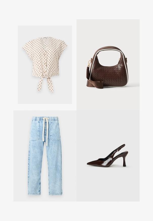 Blouse beige à manches courtes avec pois noirs, boutons sur le devant, col en V et détail de nœud noué à l'ourlet.; GAP Petite EASY VAN NESS - Jean baggy - light indigo; Talons slingback en cuir verni brun avec un bout pointu, un talon fin, et une sangle réglable avec une petite boucle.; Sac à main en cuir tressé marron avec passepoil blanc, fermeture éclair dorée et bandoulière amovible en tissu marron.