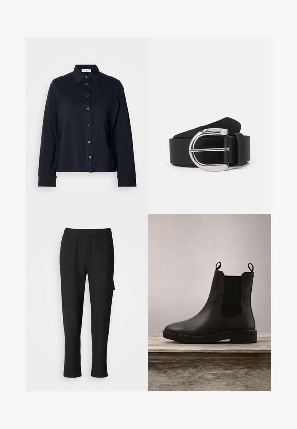 Schwarzes Baumwollhemd mit durchgeknöpftem Vorderteil, Kragen, langen Ärmeln und einer Brusttasche. Es verfügt über eine glatte Textur und ein strukturiertes Design.; Schwarz gestreifte Hose mit elastischem Bund und geradem Bein. Verfügt über eine seitliche Tasche mit Klappe und besteht aus einem glatten Stoff.; Schwarze Lederstiefelette mit elastischen seitlichen Einsätzen und einem niedrigen Absatz, mit glatter Oberfläche und runder Zehenform, platziert auf einer Holzoberfläche.; Schwarzer Leder-Gürtel mit einer silbernen Metallschnalle, verfügt über eine glatte Textur und ein klassisches Design. Der Gurt ist 3,8 cm breit.