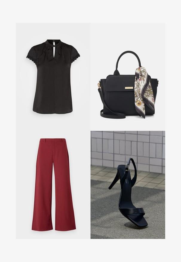 Schwarze Bluse mit hohem Kragen und Schlüssel-Ausschnitt. Kurze Spitze-Ärmel und glatte Stoffoberfläche. Einfaches Design mit taillierter Form.; Weite Hosen in einem tiefen Burgunderfarbton. Hergestellt aus einem glatten, dehnbaren Stoff mit taillierten Nähten und einem Reißverschluss auf der Vorderseite.; Schwarze Sandale mit hohem Absatz, Knöchelriemen und quadratischer Spitze, auf dem Pflaster vor einem gefliesten Wandhintergrund positioniert.; Schwarze Handtasche aus glattem Material mit doppelten Griffen und einem abnehmbaren Schultergurt. Ausgestattet mit einem Vorderdeckel und einem Akzent aus einem seidenen Schal mit Blumenmuster.