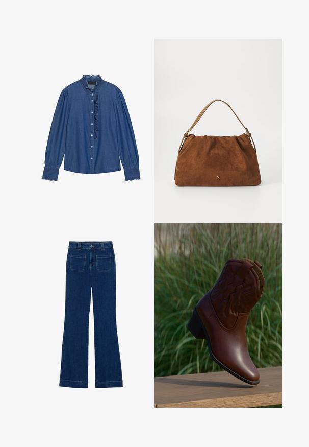 Chemise en denim bleu foncé avec de longues manches bouffantes, un col volanté et une patte de boutonnage à l'avant comportant cinq boutons. Accentuée par un bord volanté.; Jean flare en denim bleu foncé avec une texture lisse, design à cinq poches et fermeture à bouton à la taille.; Botte de cowboy en cuir marron avec des coutures décoratives, inclinée vers le haut sur une surface en bois avec un arrière-plan flou d'herbe verte.; Sac à main en daim marron avec un design plissé, arborant une seule sangle en cuir beige et un discret logo doré à l'avant.