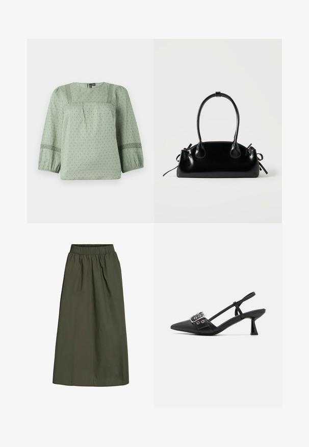 Lichtgroene blouse van zachte stof, met een textuurpatroon, ronde halslijn en driekwart ballonsleeves met kantaccenten.; Olijfgroene, enkellange skirt met geplooide elastische tailleband en een gladde, licht kreukelige stofstructuur.; Simmi London DALA - Klassieke pumps - black; Kleine zwarte glanzende handtas met twee lange hengsels en zijkant trekkoord details op een effen lichte achtergrond.