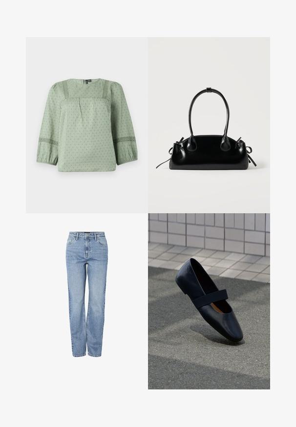 Blouse vert clair en tissu doux, avec un motif texturé, un col rond et des manches ballon trois-quarts avec des accents en dentelle.; Jean en denim bleu clair à taille haute, coupe droite, avec bouton à l'avant, fermeture éclair, passants pour ceinture et design à cinq poches.; Chaussure plate en cuir noir avec un bout arrondi, dotée d'une douce sangle élastique noire sur le cou-de-pied. Texture lisse et design minimaliste.; Petit sac à main noir brillant avec deux longues anses et des détails à cordon sur les côtés sur un fond clair uni.