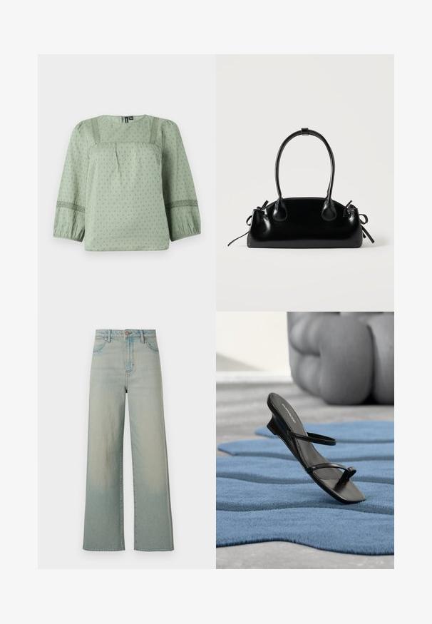 Blusa verde claro hecha de un tejido suave, con un patrón texturizado, escote redondo y mangas de tres cuartos tipo globo con detalles de encaje.; Wrangler LOOSE STRAIGHT - Vaqueros holgados - silver lake; Sandalia negra con tiras y lazo para el dedo en una alfombra texturizada azul, con un gran objeto decorativo gris desenfocado en el fondo.; Pequeño bolso negro brillante con dos asas largas y detalles de cordón lateral sobre un fondo claro liso.