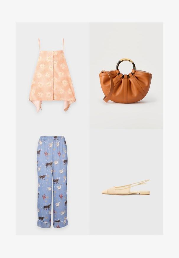 Top sin mangas de color durazno con cierre de botones en la parte delantera, que presenta un patrón de sol floral y un dobladillo curvado con acentos de color contrastante.; Pantalones de pijama azules con un patrón caprichoso que presenta vacas, criaturas míticas y elementos celestiales; cinturilla elástica y piernas anchas.; Zapato plano tipo slingback en beige claro con parte superior de malla, punta afilada y tacón bajo. Cuenta con una correa ajustable para un mejor ajuste.; Bolso de mano de cuero color canela con detalles plisados, asa circular de carey negro y dorado, y correa de hombro desmontable sobre fondo blanco.