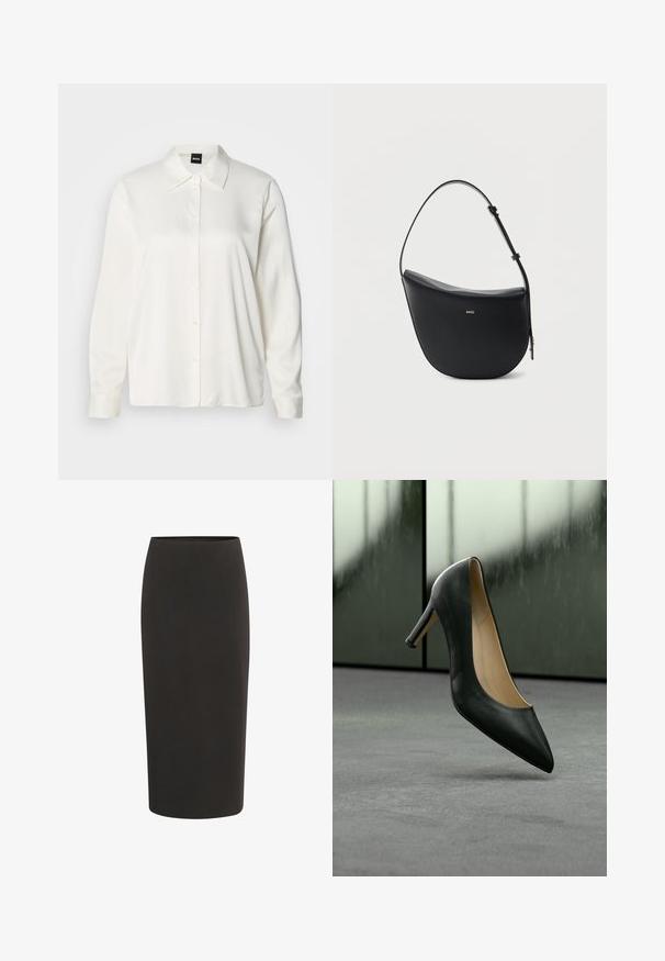 Chemise blanche à manches longues en tissu lisse, avec un col classique, une boutonnière à l'avant et des poignets boutonnés, offrant une coupe décontractée.; Jupe crayon noire en tissu lisse, présentant une coupe ajustée, une longueur mi-mollet et une taille élastique simple.; Chaussure noire en cuir à talons hauts avec bout pointu lévitant au-dessus d’un sol recouvert de tapis gris devant des panneaux en verre dépoli.; Sac à bandoulière en cuir noir en forme de demi-lune avec une bandoulière réglable et le logo doré « BOSS » centré sur le devant.