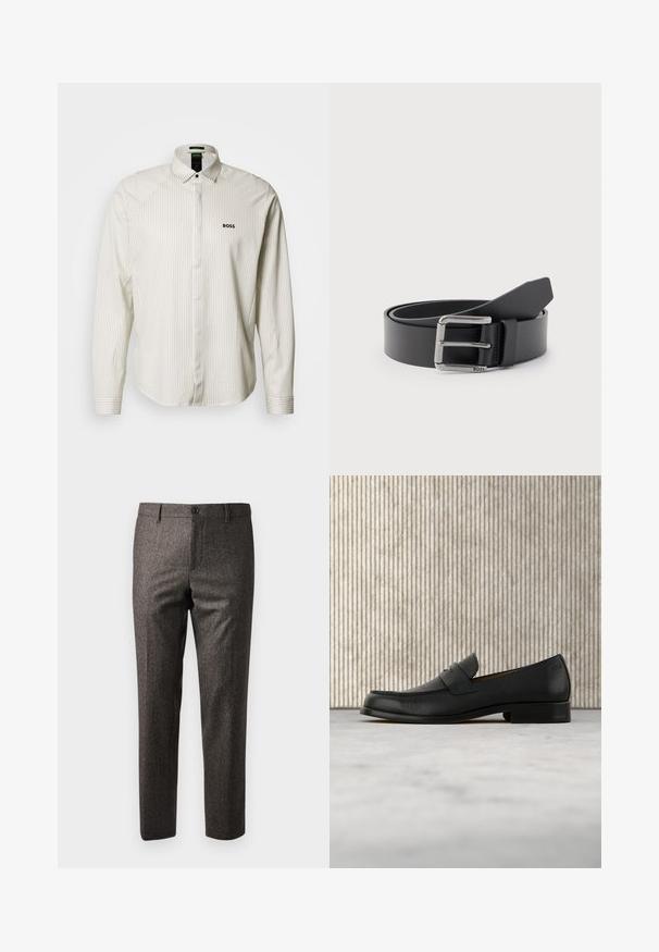 Gestreept shirt met lange mouwen in lichtbeige en wit, voorzien van een omgeslagen kraag, knoopsluiting en geborduurd "BOSS"-logo op de borst.; Bruine visgraatbroek met een slim fit, voorzien van een knoopsluiting aan de voorkant en zijzakken, gemaakt van een gestructureerde stof met een subtiele glans.; Zwarte leren loafer zweeft boven een beige tapijt met op de achtergrond een glanzende, ronde, bruine tafel.; Zwart leren riem opgerold met een zilveren rechthoekige metalen gesp met de gravure "BOSS" op een lichtgrijze achtergrond.