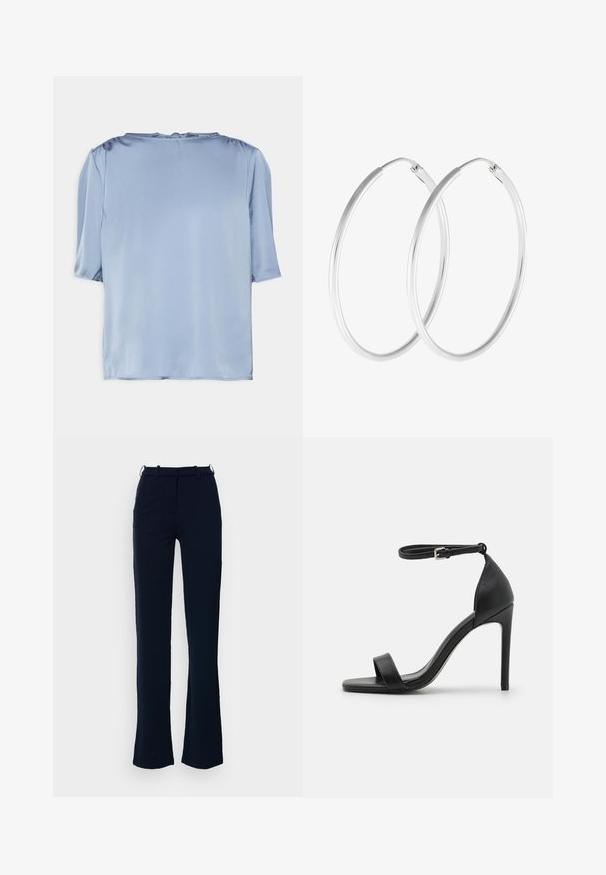 ONLY Tall ONLESTA - T-Shirt basic - tempest; Marineblaue Hose mit geradem Bein, aus einem glatten Stoff gefertigt, mit Gürtelschlaufen und einem Reißverschluss vorne.; Schwarze hochhackige Sandale mit elegantem Design, featuring einem Knöchelriemen, offener Zehenpartie und glattem Lederfinish.; Silberfarbene Creolen mit einer glatten, runden Form und einer polierten Oberfläche. Beide Ohrringe haben die gleiche Größe und verfügen über einen sicheren Verschlussmechanismus.