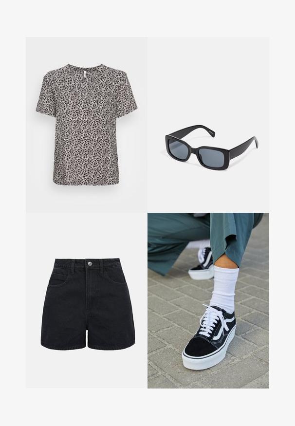 Kortærmet top i let stof med blomstermotiv i sort og creme. V-hals design med en afslappet pasform og blød tekstur.; Sorte denimshorts med høj talje, frontknap, bæltestropper og to forlommer på en ensfarvet hvid baggrund.; Sorte ruskinds sneakers med hvide accenter og snørebånd, der har en tyk hvid sål og kontrasterende syninger, parret med en hvid sok.; Sorte rektangulære solbriller med mørkt tonede linser, tyk plastramme og brede stænger. Glat overflade og kantet design.