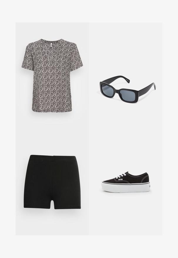 Kortærmet top i let stof med blomstermotiv i sort og creme. V-hals design med en afslappet pasform og blød tekstur.; Sorte bomulds shorts med et tætsiddende design og elastisk talje. Glat tekstur, længde til midt på låret, og uden synlige mønstre eller accenter.; Sort lærred sneakers med en hvid gummi platform sål, der har hvide snørebånd og syninger, ikonisk branding på siden, lav-top design.; Sorte rektangulære solbriller med mørkt tonede linser, tyk plastramme og brede stænger. Glat overflade og kantet design.
