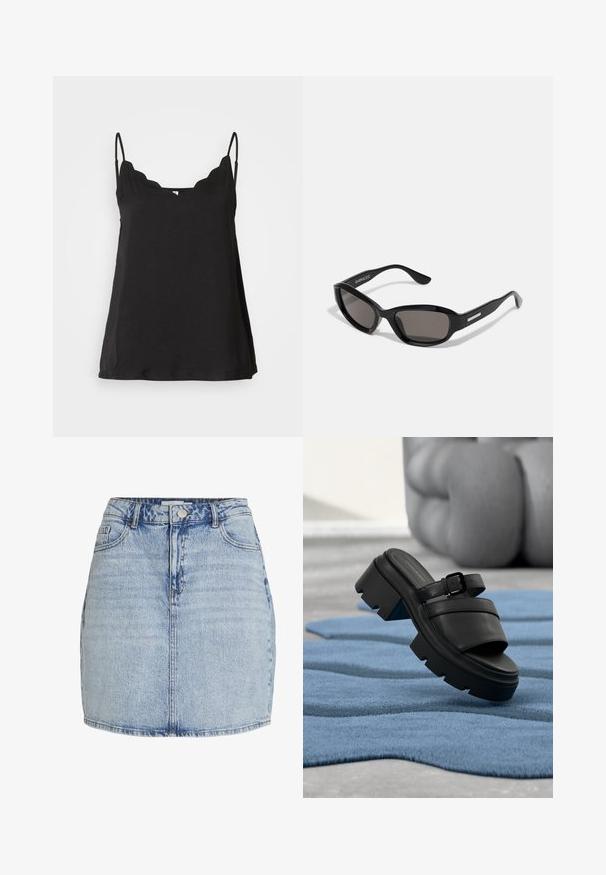 Sort scalloped cami-top med tynde stropper, blød tekstur og løs pasform. Har en let buet udskæring og et enkelt design.; Lyseblå denim mini nederdel med frontknap og lynlås, bæltestropper og frontlommer.; Sort sandal med chunky hæl og spænde, der svæver over et tekstureret blåt tæppe, med slørede bøjede ben i baggrunden.; Sorte solbriller med rektangulært stel, mørke linser, glat plastmateriale og en metalaccent på templet.
