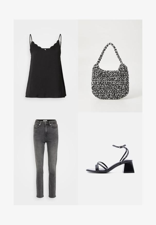 Top cami noir à volants avec fines bretelles, texture douce et coupe ample. Doté d'un décolleté légèrement arrondi et d'un design simple.; Jean en denim gris taille haute avec une coupe droite, comportant cinq poches et des détails de couture visibles le long des côtés.; Sandale noire à brides ouvertes avec boucle à la cheville et talon bloc, vue de côté sur un fond clair uni.; Sac en osier noir et blanc de forme arrondie, avec une surface texturée et une poignée tressée. Convient à un usage décontracté.