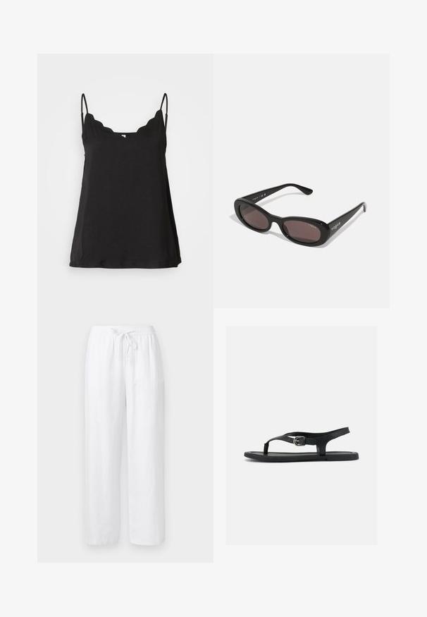 Top cami noir à volants avec fines bretelles, texture douce et coupe ample. Doté d'un décolleté légèrement arrondi et d'un design simple.; Pantalon ample en mélange de lin blanc avec ceinture élastique et cordon à l'avant, coupe droite.; Sandale plate noire avec bride à la cheville, entre-doigt et boucle argentée sur semelle lisse, vue de côté sur fond blanc.; Lunettes de soleil noires avec des montures ovales, des verres teintés foncés et "vogue" imprimé en blanc sur les branches extérieures. Matériau en plastique lisse.