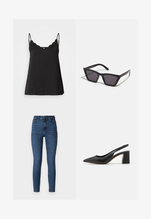 Schwarzes, gewelltes Cami-Top mit dünnen Trägern, weichem Material und lockerer Passform. Hat einen leicht geschwungenen Ausschnitt und ein schlichtes Design.; Dunkelblaue Skinny-Jeans aus Denim mit hoher Taille, ausgestattet mit einem Knopfverschluss vorne, Gürtelschlaufen und einem klassischen Fünf-Taschen-Design.; Schwarze Leder-Slingback-Pumps mit spitzem Zehenbereich, einem Auschnitt-Design und einem klobigen Blockabsatz. Glatte Textur mit einem minimalistischen Ästhetik.; Schwarze, eckige Sonnenbrille mit grauen Gläsern; aus Kunststoff gefertigt, mit dicken Bügeln, die eine glatte Oberfläche und keine sichtbaren Beschläge haben.
