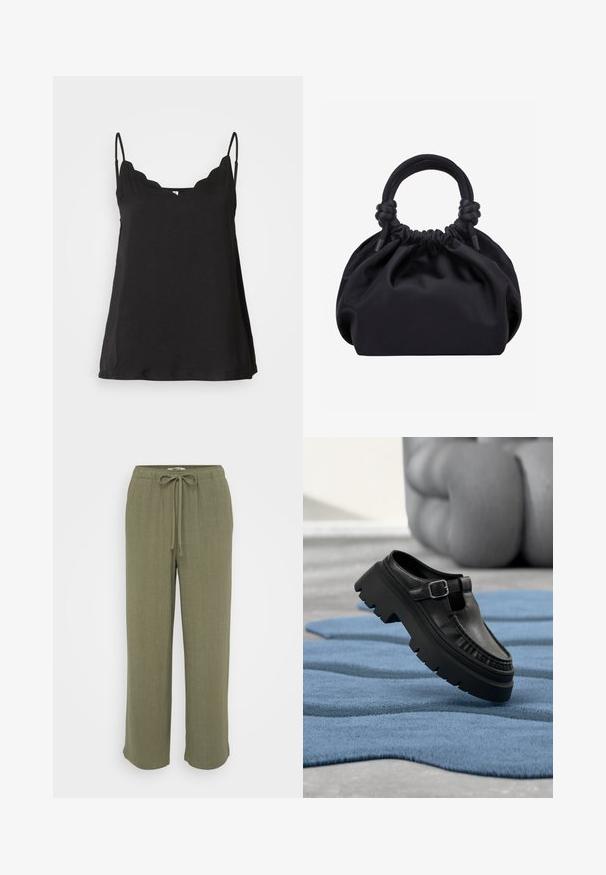 Top cami noir à volants avec fines bretelles, texture douce et coupe ample. Doté d'un décolleté légèrement arrondi et d'un design simple.; ONLY Petite ONLSIESTA PULL UP - Pantalon classique - deep lichen green; Mocassin en cuir noir avec semelle crantée épaisse et boucle argentée, positionné en angle sur un tapis bleu texturé.; Sac à main en tissu noir doux avec haut froncé et poignées circulaires rembourrées nouées de chaque côté.
