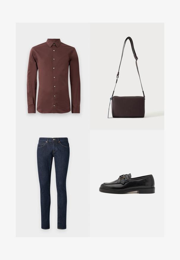 Langærmet skjorte i en dyb burgunderfarve, lavet af glat stof, med en spids krave og seks sølvknapper ned foran.; Mørkeblå denim jeans med slim fit, der har fem lommer, kontrasterende orange syninger og en lynlås med en enkelt knaplukning.; Sorte læder loafers med rund tå og en dekorativ spændeaccent. Flad, solid hæl og glat tekstur hele vejen igennem.; Mørkebrun textured læder crossbody taske med justerbar rem og lille dekorativ blå accent på siden.