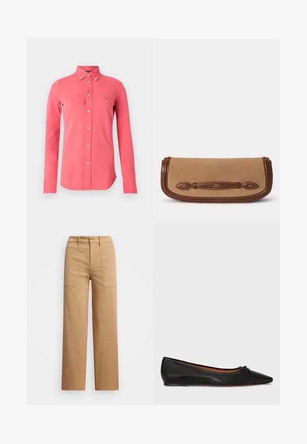 Camisa de manga larga color rosa coral con botones, cuello abotonado y pequeño logo bordado de un caballo en el pecho izquierdo.; Pantalones de algodón beige con pierna recta, que cuentan con un cierre de botón, bolsillos frontales y detalles de costura visibles.; Bailarina de cuero negro con punta afilada, silueta delgada y un pequeño lazo en la parte frontal. Textura lisa y diseño minimalista.; Bolso clutch de tela beige con ribete y asa de cuero marrón con logotipo en relieve de Polo by Ralph Lauren.