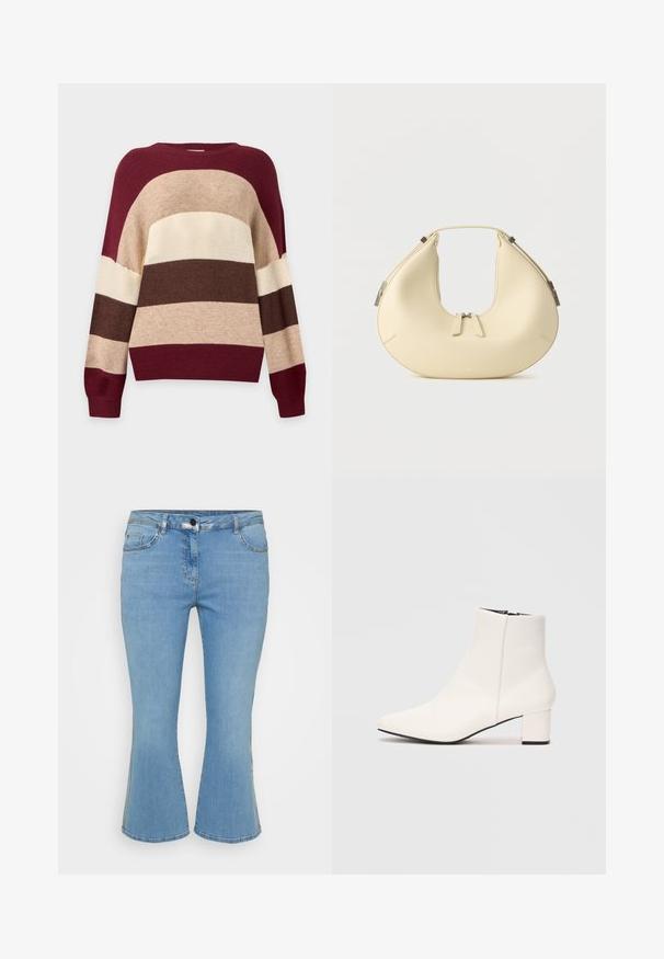 Strikket sweater med vandrette brede striber i burgunder, beige, creme og brun, med lange ærmer og rund halsudskæring.; Lys blå denim flared jeans med fem lomme-design, der har en knaplukning og kontrasterende syninger langs sømmene.; Hvid ankelstøvle med blokhæle, sidelukning med lynlås, spids tå og glat læderfinish, vist mod en lysegrå baggrund.; Beige håndtaske i halvmåneform med dobbelt lynlåslukning og kort håndtag, udstyret med sølvfarvede hardware-detaljer på siderne.