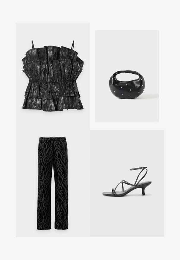 Zwarte ruffled top van glanzende, gestructureerde stof; heeft een smock taille en verstelbare dunne banden. Accentuert met verticale metallic strepen.; Zwarte broek met een gemêleerd, draaiend patroon. Gemaakt van zacht materiaal met een rechte pijp en een elastische tailleband voor extra comfort.; Zwarte hoge hakken sandalen met dunne banden, open teen ontwerp en een kleine, uitlopende hak. Het materiaal lijkt glad en glanzend.; Zwarte leren handtas met een afgeronde vorm, versierd met zilveren studs, en een korte handgreep. Gladde textuur en ritsluiting.