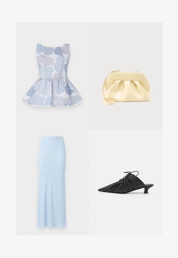 Τζιν peplum τοπ σε ανοιχτό μπλε χρώμα με σχέδιο tie-dye, διαθέτοντας λαιμόκοψη σε σχήμα σέλας και χρυσή λεπτομέρεια στη μέση.; Ανοιχτό μπλε, φούστα από σατέν που φτάνει μέχρι το πάτωμα με εφαρμοστό μέσο και ελαφριά κωπηλασία στο κάτω μέρος, σε λευκό φόντο.; Μαύρα δερμάτινα slip-on mules με μυτερή μύτη, μα gathered υφή και μικρό τακούνι kitten. Διαθέτουν λεπτομέρεια με κορδόνι στην είσοδο.; Ανοιχτόχρωμο δερμάτινο πορτοφόλι χειρός με δομημένο πάνω πλαίσιο και λουράκι για το χέρι, εμφανίζεται μπροστά σε απλό ανοιχτό φόντο.