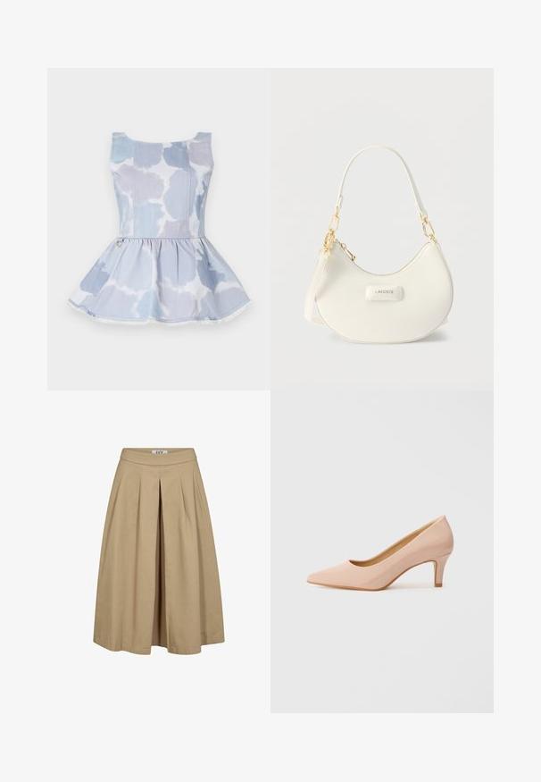 Lysblå denim peplum top med tie-dye mønster, der har en scoop halsudskæring og en detaljer i guld ved taljen.; Beige plisseret nederdel med bred kant og en tætsiddende talje. Lavet af letvægtsstof, har en subtil tekstur og rene linjer.; Pointeede tå, patentpinks højhælede sko med lav hæl, der har en glat, blank finish og et subtilt åbent v-formet snit foran.; Hvid skuldertaske formet som en halvmåne med guldfarvet metalhardware, lynlås og "LACOSTE"-logo på frontpanelet.