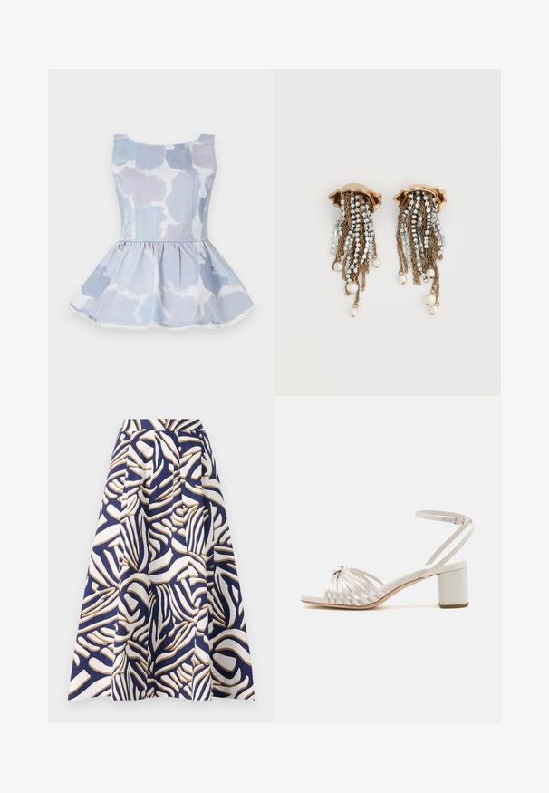 Denim peplum top in lichtblauw met een tie-dye patroon, voorzien van een ronde hals en een gouden accentdetail bij de taille.; Een knielange jurk van katoen met een marineblauwe achtergrond en gedurfde witte en gouden abstracte patronen; de geplooide ontwerp voegt volume toe.; Crème blokhak sandaal met een gedraaide bandontwerp, een gladde textuur, een verstelbare enkelband en open teen.; Goudkleurige clip-on oorbellen met vallende strasskettingen en hangende witte parels op een witte achtergrond.