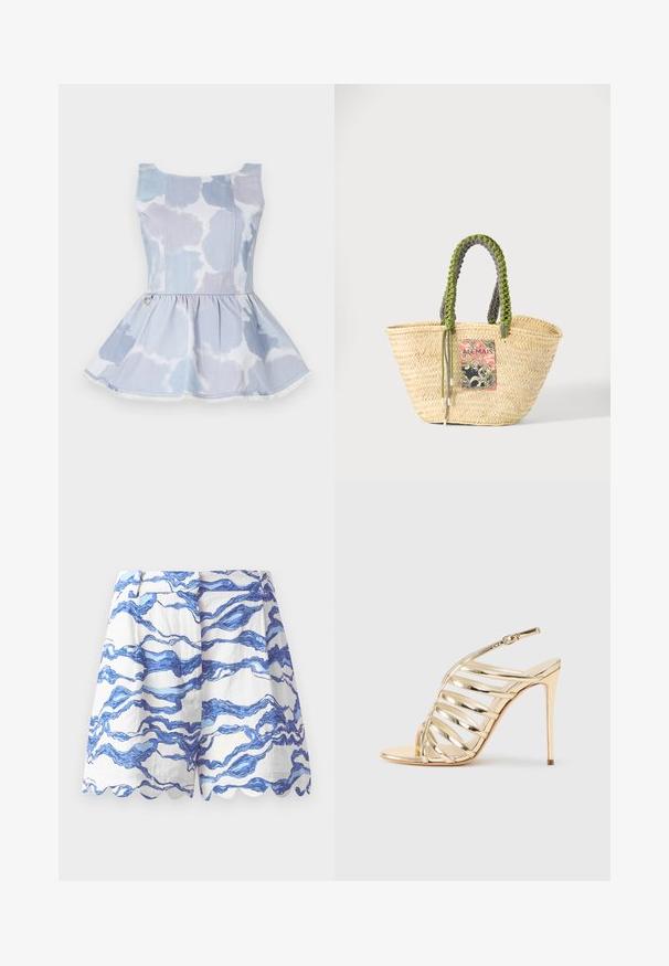Valkoinen denim-peplum-paita vaaleansinisellä sidontakuviolla, jossa on pyöreä pääntie ja kultainen koristevyö.; Valkoiset shortsit, joissa on sininen aalto-kuvio, halkiohelma, kevyet kangas, pleat-edestä ja rento istuvuus. Sopivat arkikäyttöön.; Kultainen metallinhohtoinen korkeakorkoinen sandaali, jossa on avoin varvas, ristikkäiset hihnat ja remmimallinen takaosa. Sileä pinta kiiltävällä viimeistelyllä.; Punottu beige olkikassi, jossa on punotut vihreät ja mustat kahvat sekä värikäs suorakulmainen paikka edessä.