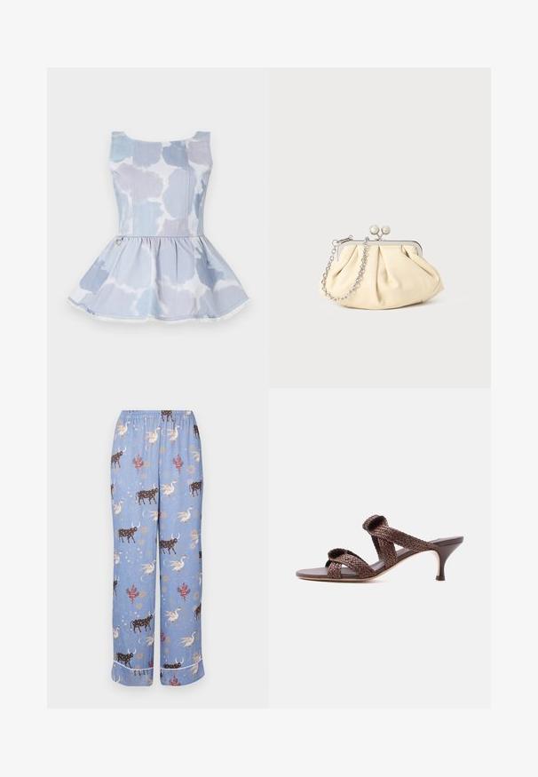 Svetlo modrý denímový top s peplum strihom, ktorý má tie-dye vzor, okrúhly výstrih a zlatý akcent na páse.; Modré pyžamové nohavice s hravým vzorom obsahujúcim kravy, mýtické bytosti a nebeské prvky; elastický pás a široké nohavice.; Hnedá tkaná kožená šľapka s dvoma remienkami a nízkym podpätkom kitten na bielom pozadí.; Zhlý béžový kožený klobúk so strieborným kovovým rámom, ktorý má dve okrúhle dekoratívne zámky a strieborný reťazový popruh.