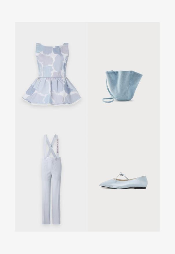 Svetlo modrý denímový top s peplum strihom, ktorý má tie-dye vzor, okrúhly výstrih a zlatý akcent na páse.; Svetlomodré nohavice s nastaviteľnými X-tvarovanými traky, s gombíkovým pásom a jemnými vyšívanými detailmi. Hladká textúra látky.; Svetlomodrá balerína s úzkou šnúrkou cez hornú časť a malým čiernym podpätkom.; Svetlomodrá látková taška do ruky s dlhým popruhom, širokým horným otvorom a zošitými vertikálnymi švami, umiestnená na jednoduchom bielom pozadí.