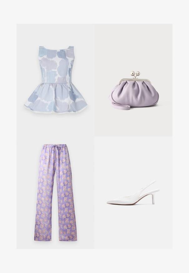 Lysblå denim peplum top med tie-dye mønster, der har en scoop halsudskæring og en detaljer i guld ved taljen.; Lyslilla blomstrede bukser med elastisk talje og snor. Har et blødt stof, vidde ben-design og et mønster af pink og grønne blomster.; Hvid læder slingback damesko med spids tå, lav kittenhæl og lille dekorativ sløjfe på toppen, vist i sideprofil.; Blød lavendel clutch med opsamlet stof, sølv kiss-lock lås og matchende håndledsrem på en ensfarvet lys baggrund.