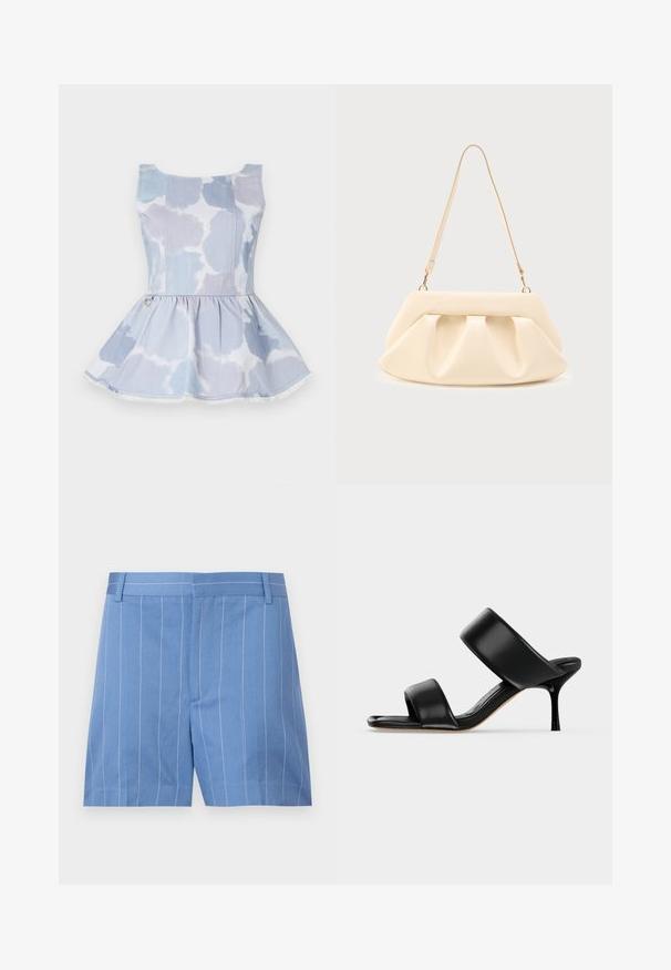 Haut peplum en denim bleu clair avec un motif tie-dye, doté d'un décolleté en scoop et d'un détail doré à la taille.; Shorts bleu clair avec des rayures verticales blanches, présentant une texture lisse, un devant plat et une taille standard avec des passants de ceinture.; Sandale mule en cuir noir avec deux larges brides et un talon stiletto fin de hauteur moyenne sur un fond clair uni.; Sac à main en cuir couleur crème avec des plis froncés, des ferrures dorées, et une seule bandoulière fine sur un fond uni.