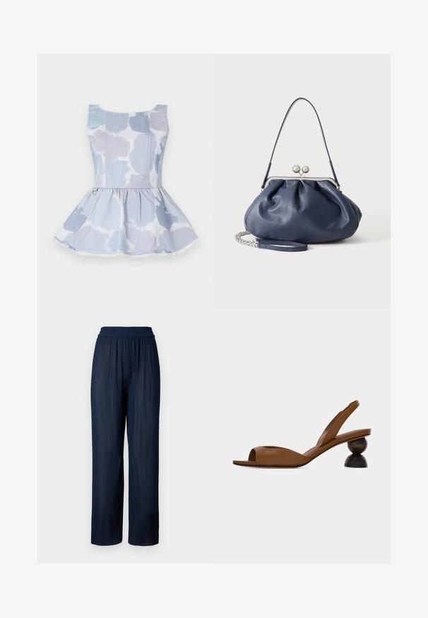 Svetlo modrý denímový top s peplum strihom, ktorý má tie-dye vzor, okrúhly výstrih a zlatý akcent na páse.; Námornícke široké nohavice vyrobené z plisovanej látky s elastickým pásom a jemnou textúrou, navrhnuté pre pohodlie a voľnosť pohybu.; Hnedá otvorená sandála na päte so zapínaním na remienok a výrazným okrúhlym dvojdielnym dreveným podpätkom na jednoduchom svetlom pozadí.; Mäkká námornícky modrá kožená kabelka so strieborným zapínaním, jedným ramenným popruhom a odnímateľným reťazovým náramkom na bielom pozadí.