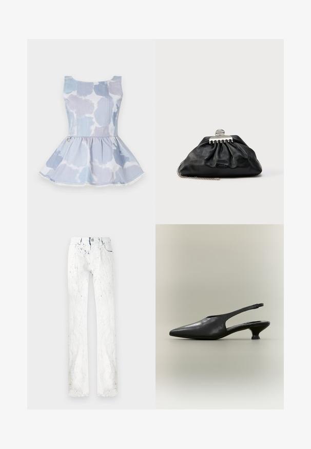 Denim peplum top in lichtblauw met een tie-dye patroon, voorzien van een ronde hals en een gouden accentdetail bij de taille.; Witte jeans met een gestructureerde afwerking, voorzien van blauwe spatten, een rechte pijp, voorzakken en een riemlus in de taille.; Zwarte leren slingback schoen met puntige neus en lage kittenhak op een neutrale achtergrond.; Zwarte leren clutch met geplooid ontwerp, zilveren sluiting en kettingriem. Subtiele merkopdruk aan de voorkant.