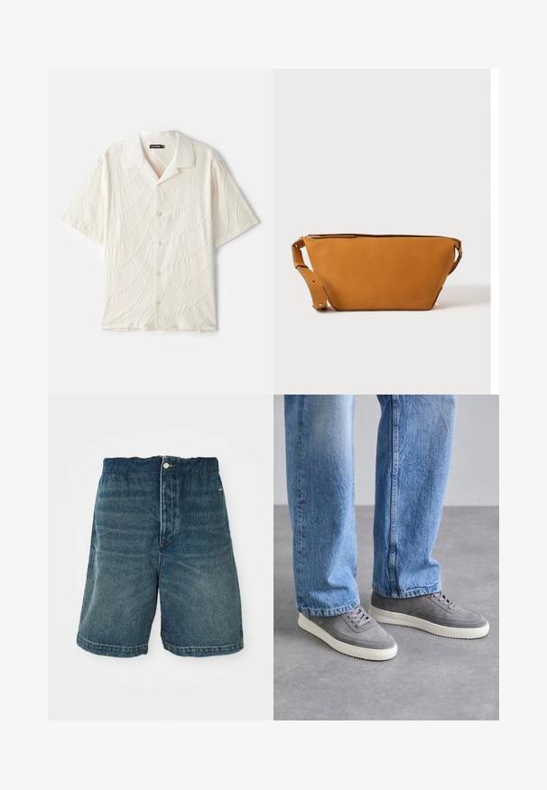 Kurzärmliges Hemd in Off-White, aus strukturiertem Stoff mit wellenartigen Mustern und einem klassischen Kragen.; Dunkelblaue Denim-Shorts mit lockerer Passform, Knopfverschlüsse und sichtbaren Nähten an Saum und Taschen.; Graue Sneakers mit Obermaterial aus Veloursleder und Gummisohle. Mit abgerundetem Zehenbereich, sechs Ösen und strukturierten Details. Kombiniert mit hellblauen Jeans.; Hellbraune Leder-Umhängetasche mit verstellbarem Schulterriemen und Reißverschluss, vor einem schlichten hellen Hintergrund gezeigt.