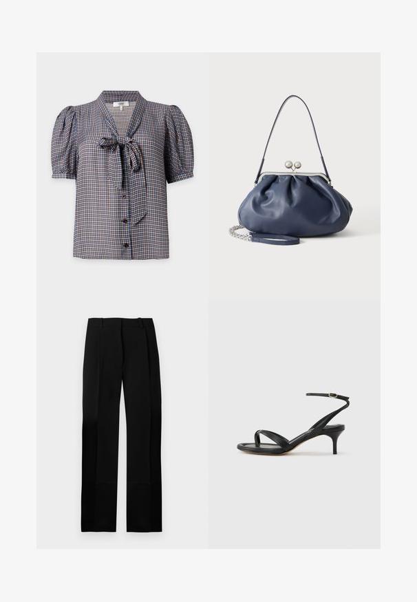 Blouse à manches courtes boutonnée avec un motif à carreaux bleu et marron et un nœud noué au col.; Pantalon noir sur mesure avec une texture lisse, coupe droite et plis à l'avant. Comprend une ceinture plate sans quincaillerie visible.; Sandale pour femme en cuir noir avec fines lanières, une boucle d'orteil, une boucle à la cheville et un talon aiguille de hauteur moyenne sur un fond neutre.; Sac à main en cuir bleu marine doux avec fermeture à boucle argentée, une seule bandoulière, et une chaîne de poignet amovible sur fond blanc.