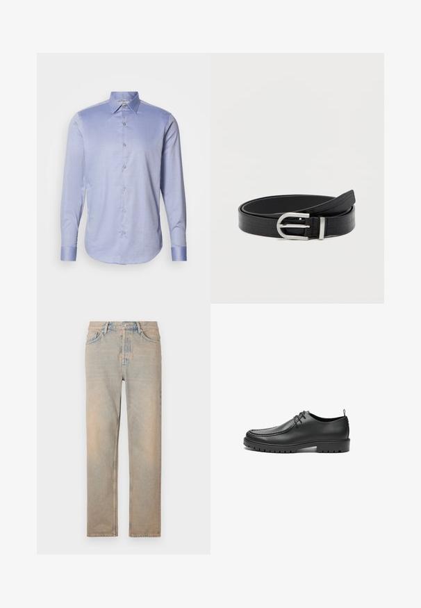 Lyseblå langærmet skjorte med krave, knaplukning foran og manchetter. Diskret ternet mønster og glat stoff tekstur.; Lys beige denim jeans med lige snit. Har fem lommer, en knaplukning og diskret falmning langs stoffets overflade.; Sorte lædersko med en glat overflade, rund tå og dekorativ stikning. Har en gummisål med skridsikre spor og snørebåndsdesign.; Sort faux læderbælte med krokodillemønster og en sølvfarvet rund spænde, snoet på en ensfarvet hvid baggrund.