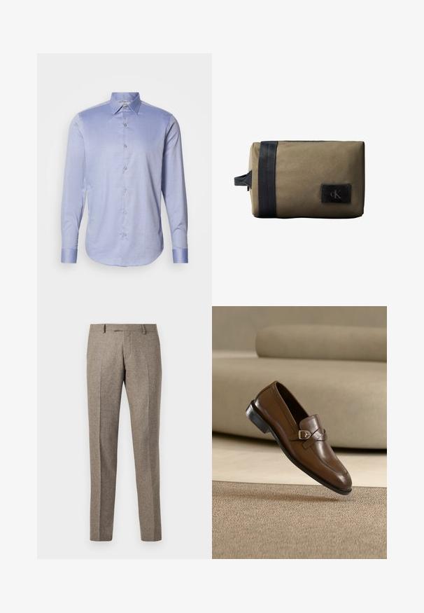 Chemise à manches longues bleu clair avec col, boutons à l'avant et manches avec poignets. Motif à carreaux subtil et texture de tissu lisse.; Pantalons en mélange de laine marron avec une coupe droite, présentant une texture subtile et des plis, terminés par une taille classique.; Mocassin en cuir marron avec un détail de boucle argentée, positionné en l'air au-dessus d'un tapis beige et devant un canapé beige.; Trousse de toilette rectangulaire de couleur vert olive avec une sangle horizontale noire et un écusson logo Calvin Klein sur le devant, fermeture éclair sur le dessus.