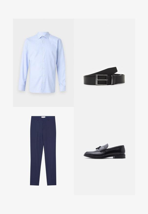 Chemise à manches longues bleu clair avec un motif à carreaux, fermeture à boutons sur le devant, col pointu et texture subtile. Coupe ajustée avec des poignets à boutons.; Pantalons de costume navy en tissu lisse, dotés d'un devant plat, de deux poches latérales, d'une fermeture éclair et d'un ourlet net sans motifs ni accents.; Mocassin en cuir noir avec panneau en tissu gris texturé et détail à pampilles, talon bas et bout arrondi, vu de côté sur fond blanc.; Ceinture en cuir noir avec une boucle en métal argenté rectangulaire, au design plat et à la texture lisse. Les extrémités s'effilent pour un enfilage facile.