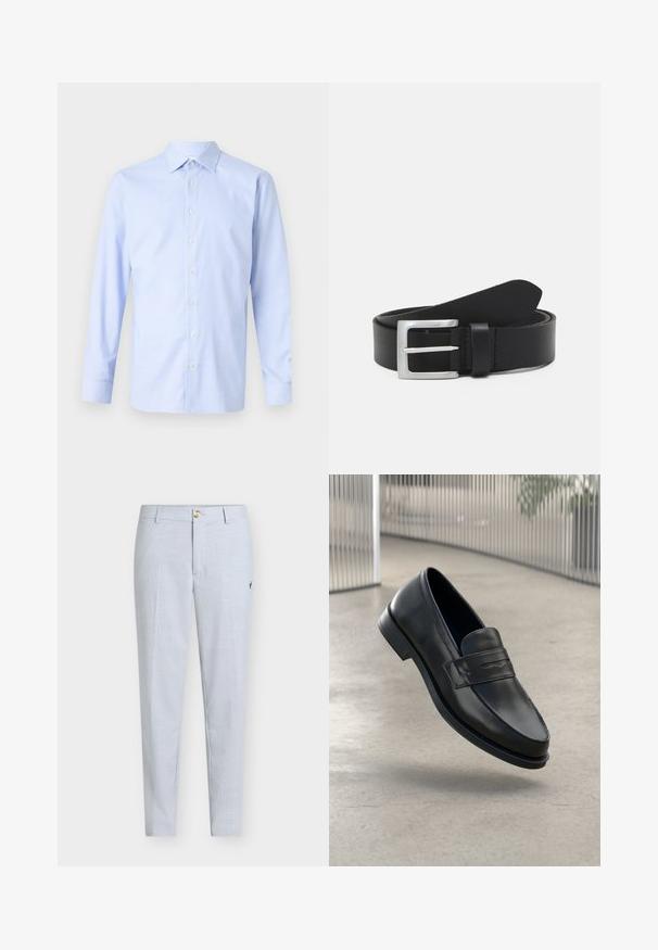 Camisa de manga larga azul claro con un patrón a cuadros, cierre de botones en la parte delantera, cuello puntiagudo y una textura sutil. Corte entallado con puños abotonados.; Pantalones azul claro de tela texturizada, con pierna recta, cierre de botón y un pequeño diseño bordado en el lateral.; Mocasín de cuero negro con textura suave, punta puntiaguda y una correa decorativa a lo largo del empeine. Suela ligera, diseño minimalista.; Cinturón de cuero negro con una textura lisa, hebilla rectangular de plata y un lazo para el extremo. Presenta una costura ordenada a lo largo de los bordes.