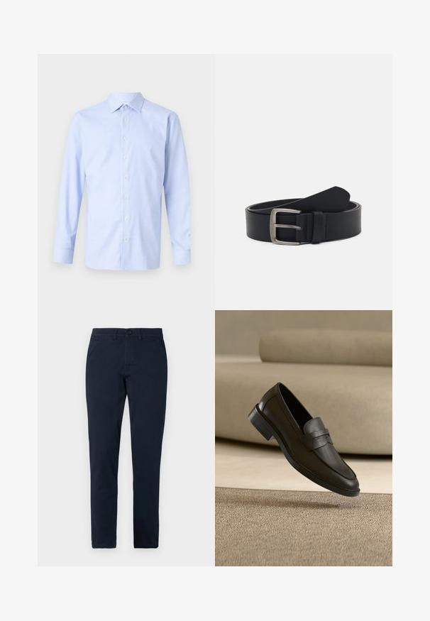 Chemise à manches longues bleu clair avec un motif à carreaux, fermeture à boutons sur le devant, col pointu et texture subtile. Coupe ajustée avec des poignets à boutons.; Pantalon noir slim fit pour homme avec fermeture avant par bouton et zip, passants de ceinture et poches latérales.; Chaussure loafer en cuir noir reposant sur un tapis beige avec un canapé beige courbé en arrière-plan.; Ceinture en cuir noir avec une boucle en métal argenté, présentant une finition lisse et un design classique. La ceinture est enroulée avec l'extrémité pointée.