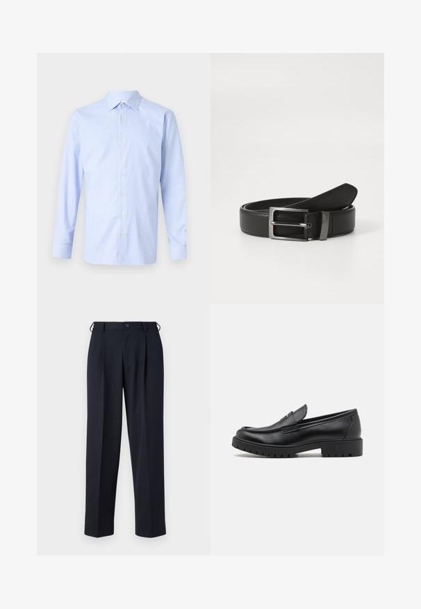 Lichtblauwe shirt met lange mouwen, voorzien van een geruit patroon, knoopsluiting aan de voorkant, puntige kraag en een subtiele textuur. Perfecte pasvorm met knoopmanchetten.; Donkerblauwe op maat gemaakte broek met knoop- en ritsluiting aan de voorkant, riemlussen en zijzakken, getoond op een witte achtergrond.; Zwarte leren instappers met een ronde neus, slip-on ontwerp en dikke rubberen zool met een gestructureerde grip. Verhoogde hak en subtiele stikdetails.; Zwarte leren riem met een zilveren metalen gesp, met een gladde afwerking en een klassiek ontwerp. De riem is netjes opgevouwen.