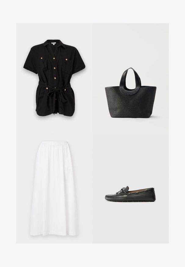 Chemise noire à manches courtes boutonnée avec col, deux poches poitrine à boutons, et une ceinture en tissu nouée à la taille.; Jupe blanche, longueur genou, avec une taille élastique, présentant un design simple et un tissu léger, exhibant une texture lisse et unie.; Bateau en cuir noir avec un bout arrondi, des détails de couture, un petit accent en nœud et une semelle en caoutchouc. Texture lisse et design épuré.; Sac cabas noir texturé avec de larges poignées arrondies présentant le nom de la marque embossé "Samsøe Samsøe" sur fond neutre.
