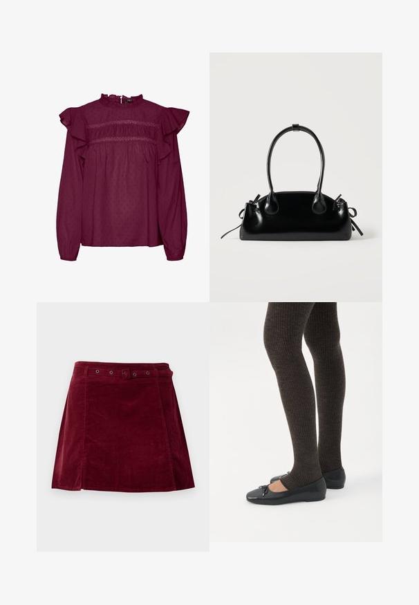 Blouse bordeaux avec des manches à volants, détails froncés au niveau de la poitrine, fabriquée en tissu léger avec une texture à pois subtile.; Jupe en velours côtelé rouge foncé avec une ceinture assortie et des œillets métalliques, présentant une légère forme trapèze et un détail sur le panneau avant.; Jambes portant des leggings côtelés foncés associés à des ballerines noires avec de petits détails en nœud sur fond blanc.; Petit sac à main noir brillant avec deux longues anses et des détails à cordon sur les côtés sur un fond clair uni.