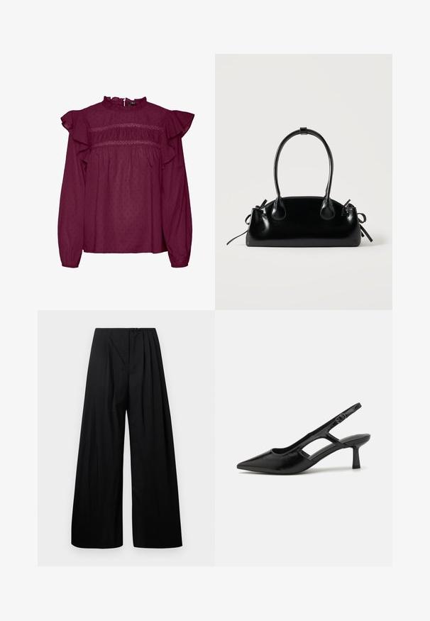Blusa burdeos con mangas con volantes, con detalles fruncidos en el pecho, hecha de tejido ligero con una sutil textura de puntos.; Pantalones de pierna ancha negros con cintura alta, que cuentan con pliegues verticales y cierre de botón. Textura suave, diseño minimalista.; Tacones de slingback negros con punta afilada, hechos de material brillante, que presentan acentos recortados y un tacón moderado para mayor soporte.; Pequeño bolso negro brillante con dos asas largas y detalles de cordón lateral sobre un fondo claro liso.