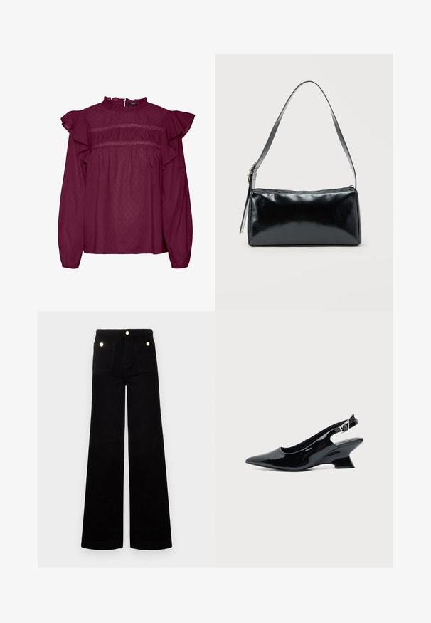 Burgunderfarbene Bluse mit Rüschensleeves, mit gerafften Details an der Brust, aus leichtem Stoff mit einer dezenten gepunkteten Textur.; Schwarze, ausgestellte Jeans aus Denim mit hoher Taille, zwei vorderen Taschen und goldfarbenen Hardware-Akzenten. Glatte Textur, weites Bein-Design.; Schwarzer Slingback-Schuh aus Lackleder mit spitzer Spitze und niedrigem, schrägem Blockabsatz auf einfachem hellem Hintergrund.; Schwarze rechteckige Schultertasche mit einem verstellbaren Riemen und einem oberen Reißverschluss vor einfachem Hintergrund.