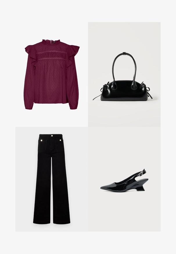 Burgunderfarbene Bluse mit Rüschensleeves, mit gerafften Details an der Brust, aus leichtem Stoff mit einer dezenten gepunkteten Textur.; Schwarze, ausgestellte Jeans aus Denim mit hoher Taille, zwei vorderen Taschen und goldfarbenen Hardware-Akzenten. Glatte Textur, weites Bein-Design.; Schwarzer Slingback-Schuh aus Lackleder mit spitzer Spitze und niedrigem, schrägem Blockabsatz auf einfachem hellem Hintergrund.; Kleine schwarze glänzende Handtasche mit zwei langen Griffen und seitlichen Kordelzug-Details vor einfachem hellem Hintergrund.