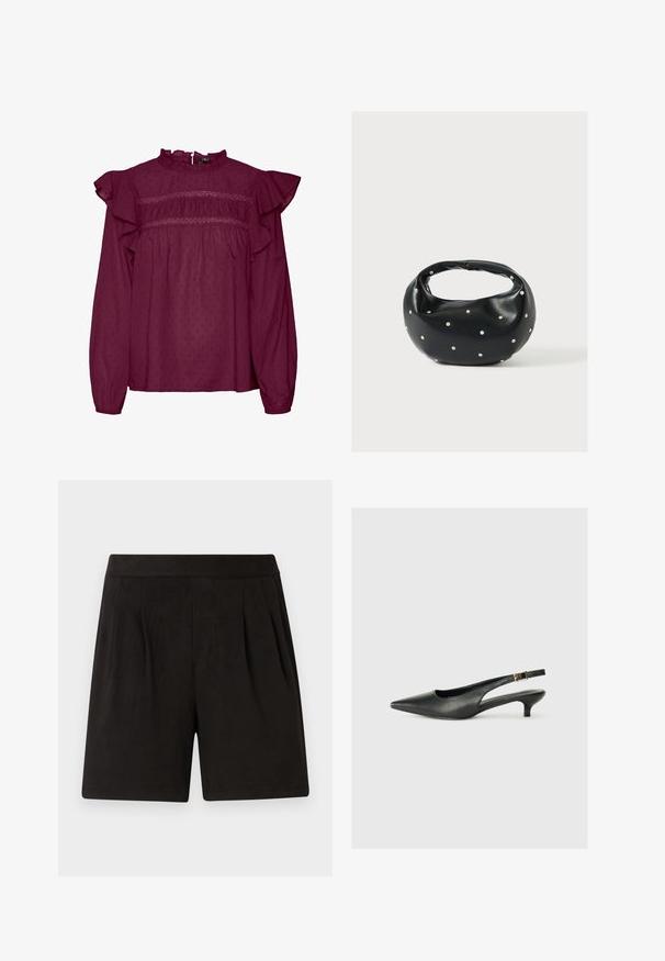 Burgunderfarbene Bluse mit Rüschensleeves, mit gerafften Details an der Brust, aus leichtem Stoff mit einer dezenten gepunkteten Textur.; Schwarze Shorts aus weichem Stoff mit einer glatten Textur, elastischem Bund und gefaltetem Vorderdesign. Einfach und schmucklos.; Schwarzer Slingback-Schuh mit spitzem Zehenbereich aus glattem Leder. Mit einem dünnen Absatz und einer dekorativen Schnalle am verstellbaren Riemen.; Schwarze Lederhandtasche mit abgerundeter Form, verziert mit silbernen Nietenakzenten und kurzem Griff. Glatte Struktur und Reißverschlussverschluss.