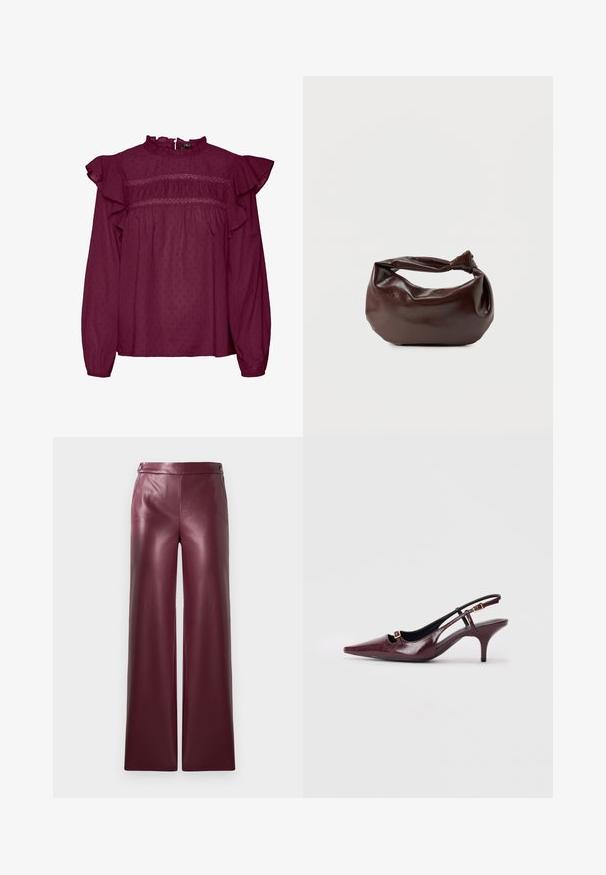 Blouse bordeaux avec des manches à volants, détails froncés au niveau de la poitrine, fabriquée en tissu léger avec une texture à pois subtile.; Pantalons en simili cuir bordeaux à jambe large, avec une texture lisse et des boutons décoratifs à la taille.; Talons aiguilles bordeaux à bride arrière avec un bout pointu, finition en cuir brillant, petite découpe à l'avant et un talon stiletto fin avec des accents dorés.; Sac bandoulière en cuir marron foncé avec une forme souple et décontractée et une anse nouée torsadée sur un fond blanc uni.