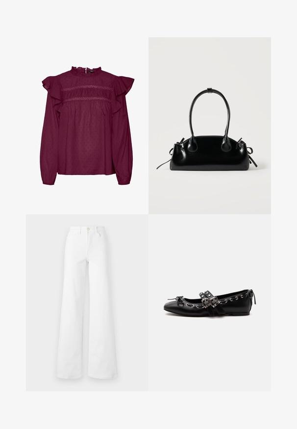 Blusa burdeos con mangas con volantes, con detalles fruncidos en el pecho, hecha de tejido ligero con una sutil textura de puntos.; Jeans ancho blancos en tela de mezclilla con una cintura alta, que cuentan con bolsillos frontales, trabillas para cinturón y un cierre de botón. Textura suave, sin patrones.; Zapato de ballet plano negro con correas de doble hebilla, ojales plateados y un pequeño lazo cerca de la puntera redondeada sobre un fondo blanco.; Pequeño bolso negro brillante con dos asas largas y detalles de cordón lateral sobre un fondo claro liso.