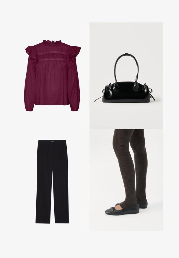 Blouse bordeaux avec des manches à volants, détails froncés au niveau de la poitrine, fabriquée en tissu léger avec une texture à pois subtile.; Pantalon en velours côtelé noir avec une coupe droite, doté d'une taille plate et sans poches visibles, texture lisse et détail en côtes verticales.; Jambes portant des leggings côtelés foncés associés à des ballerines noires avec de petits détails en nœud sur fond blanc.; Petit sac à main noir brillant avec deux longues anses et des détails à cordon sur les côtés sur un fond clair uni.